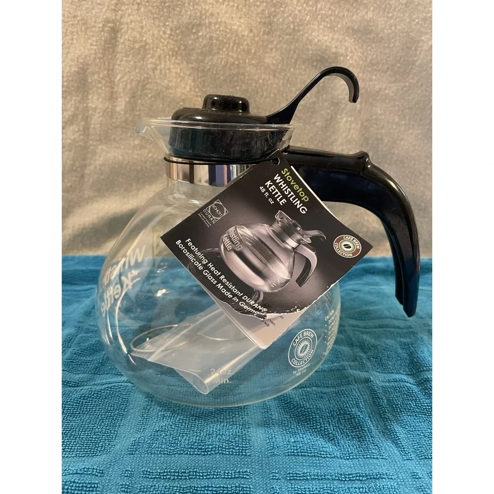 Medelco Whistling Kettle 12 Cup Glass Stovetop Tea Coffee Pot Carafe Decanter